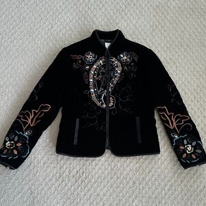 Harve Benard Black Velvet Embroidered Zip Front Jacket Size 8
